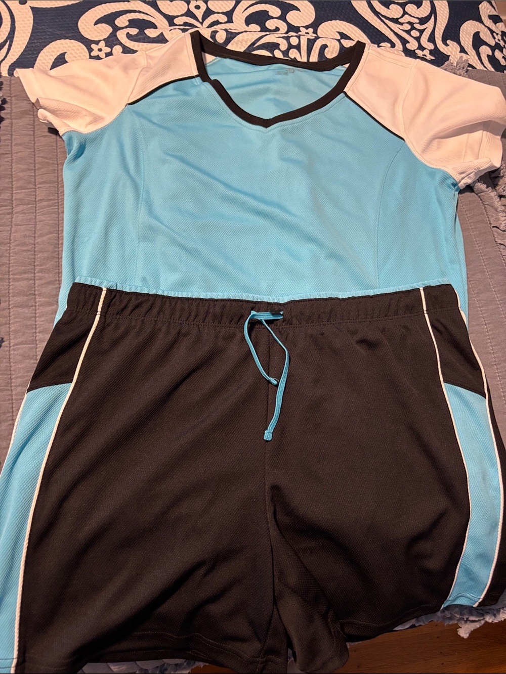 made for life Women's Athletic Shorts and Top Set in Light Blue, Black, White
